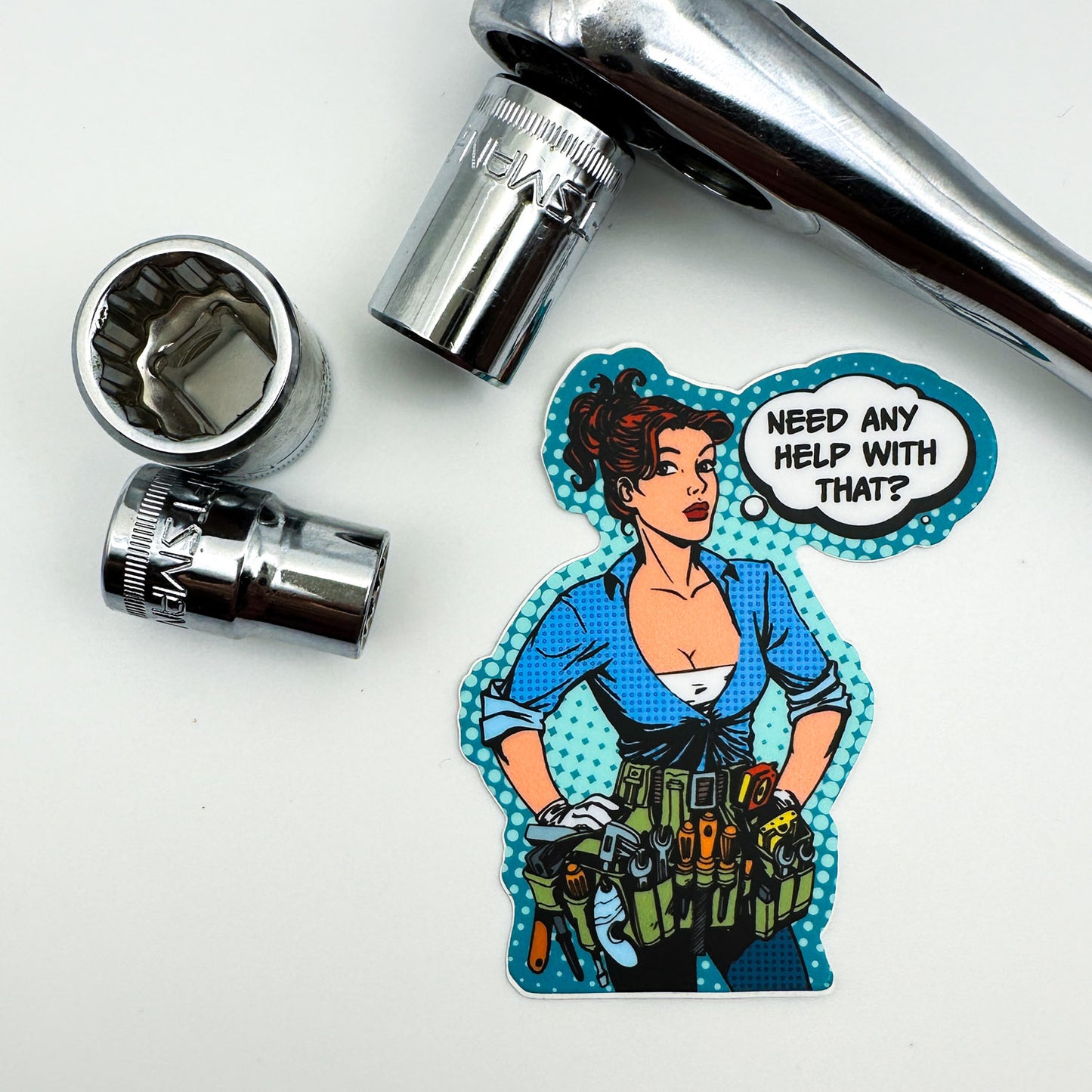 Female Mechanic Sticker - Need Any Help With That?