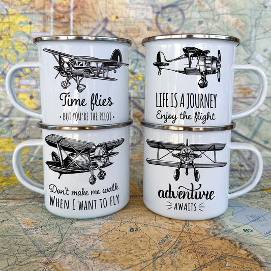 Vintage Plane Enamel Mugs - Set of Four