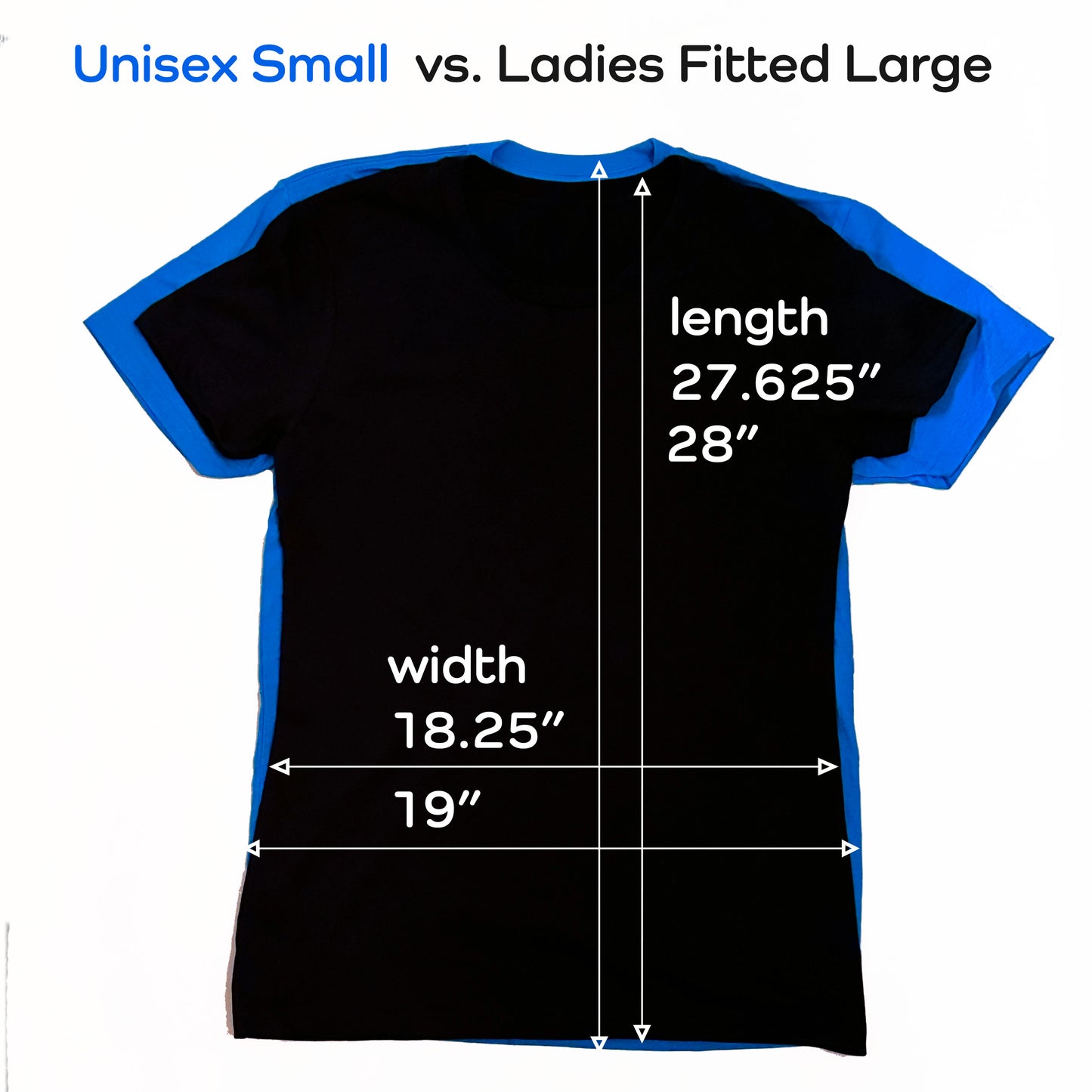 T-shirts showing size comparison by AviatrixA, with blue and black color blocking.