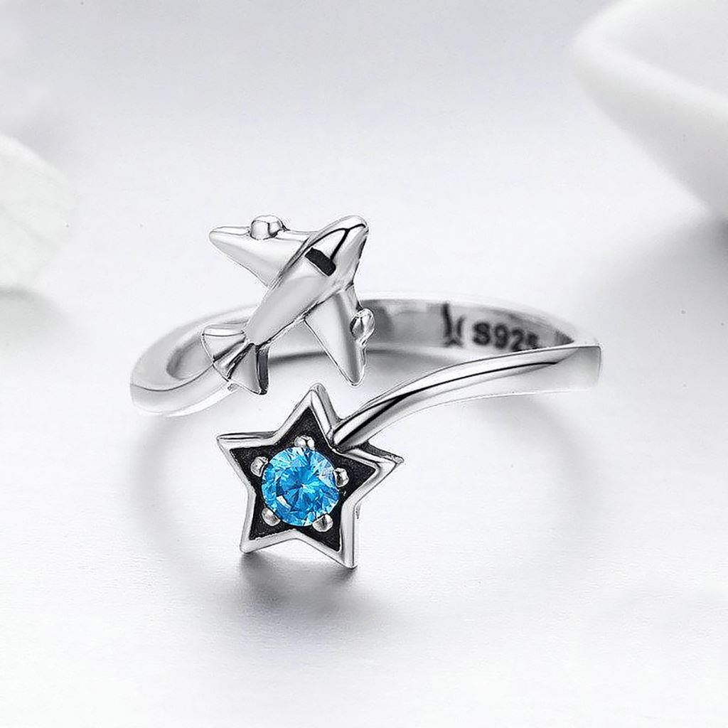 Airplane Shooting Star Ring | Sterling Silver w/ Blue CZ Ring for women in aviation