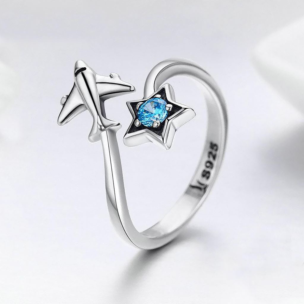 Airplane Shooting Star Ring | Sterling Silver w/ Blue CZ Ring for women in aviation