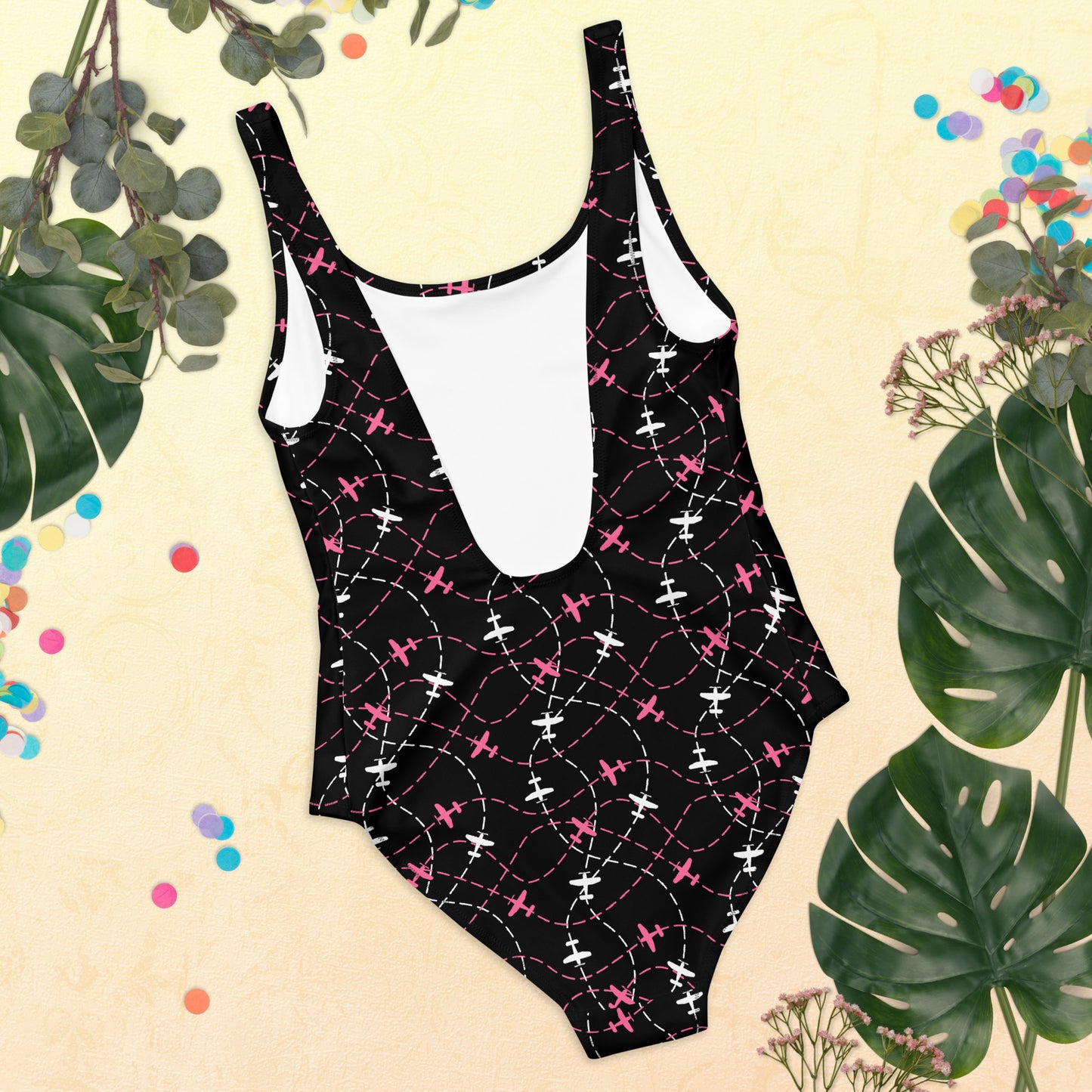Aviation Print Black One-Piece Swimsuit