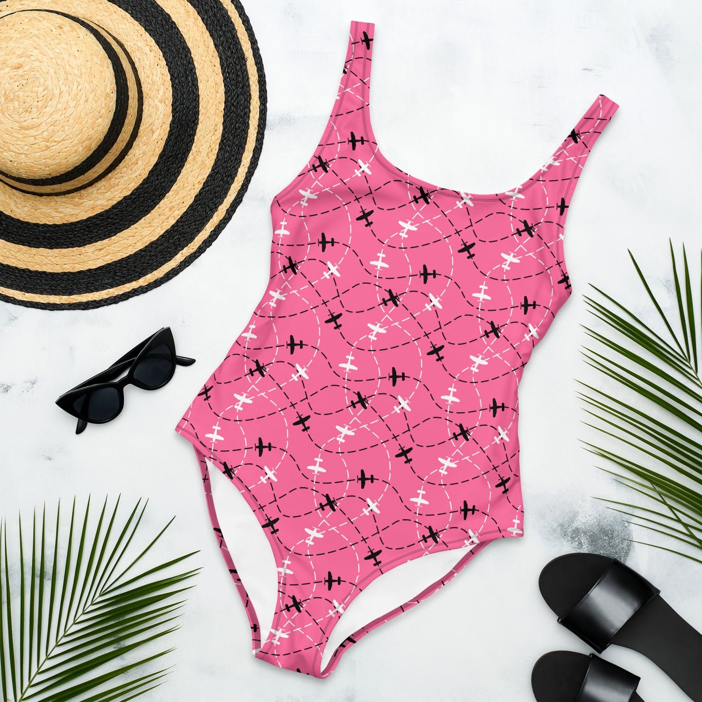Aviation Print Pink One-Piece Swimsuit