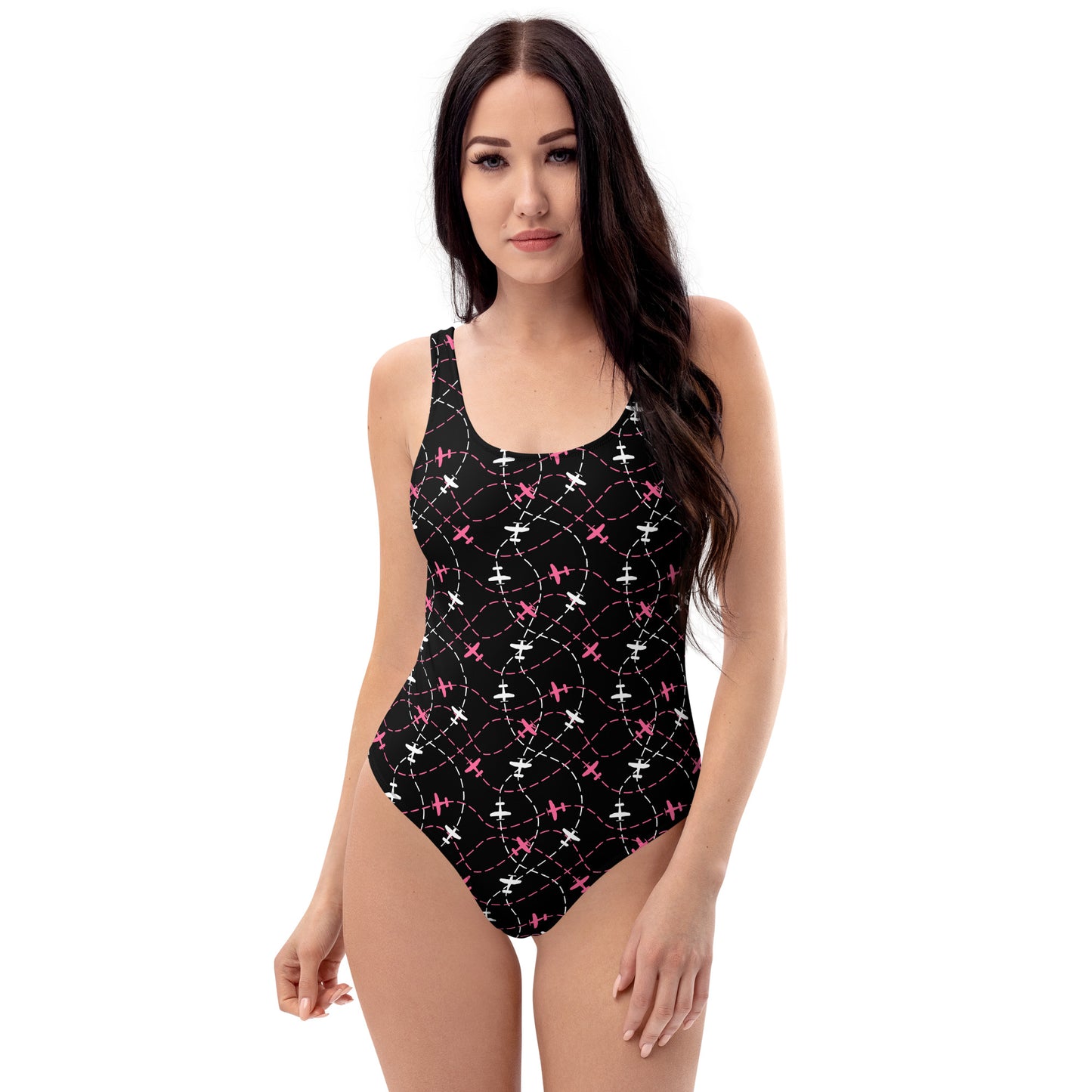 Aviation Print Black One-Piece Swimsuit