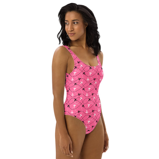 Aviation Print Pink One-Piece Swimsuit