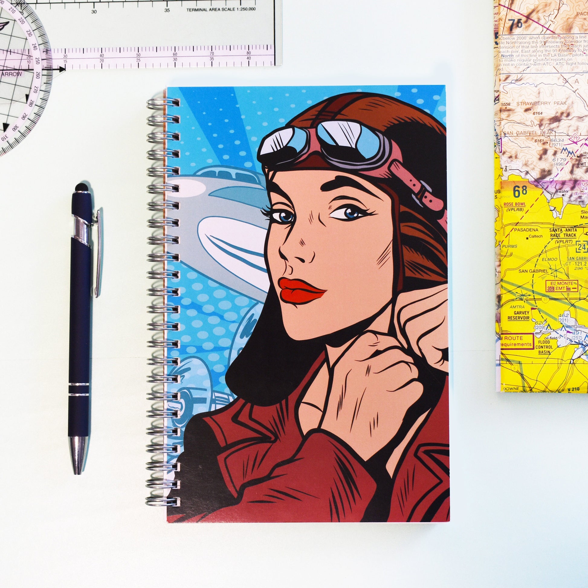 Imagine Flying the World Spiral Notebook - Female Pilot - Pop Art