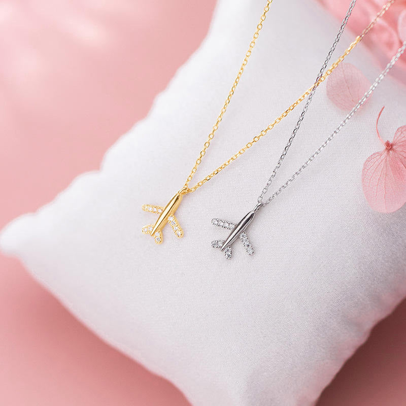 14k Yellow Gold High-Wing Airplane Necklace - The Black Bow