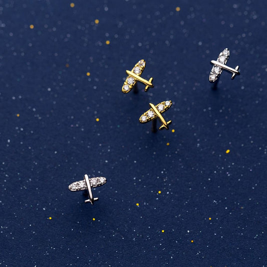Tiny Airplane Stud Earrings | Gold or Silver with CZs Earrings for women in aviation