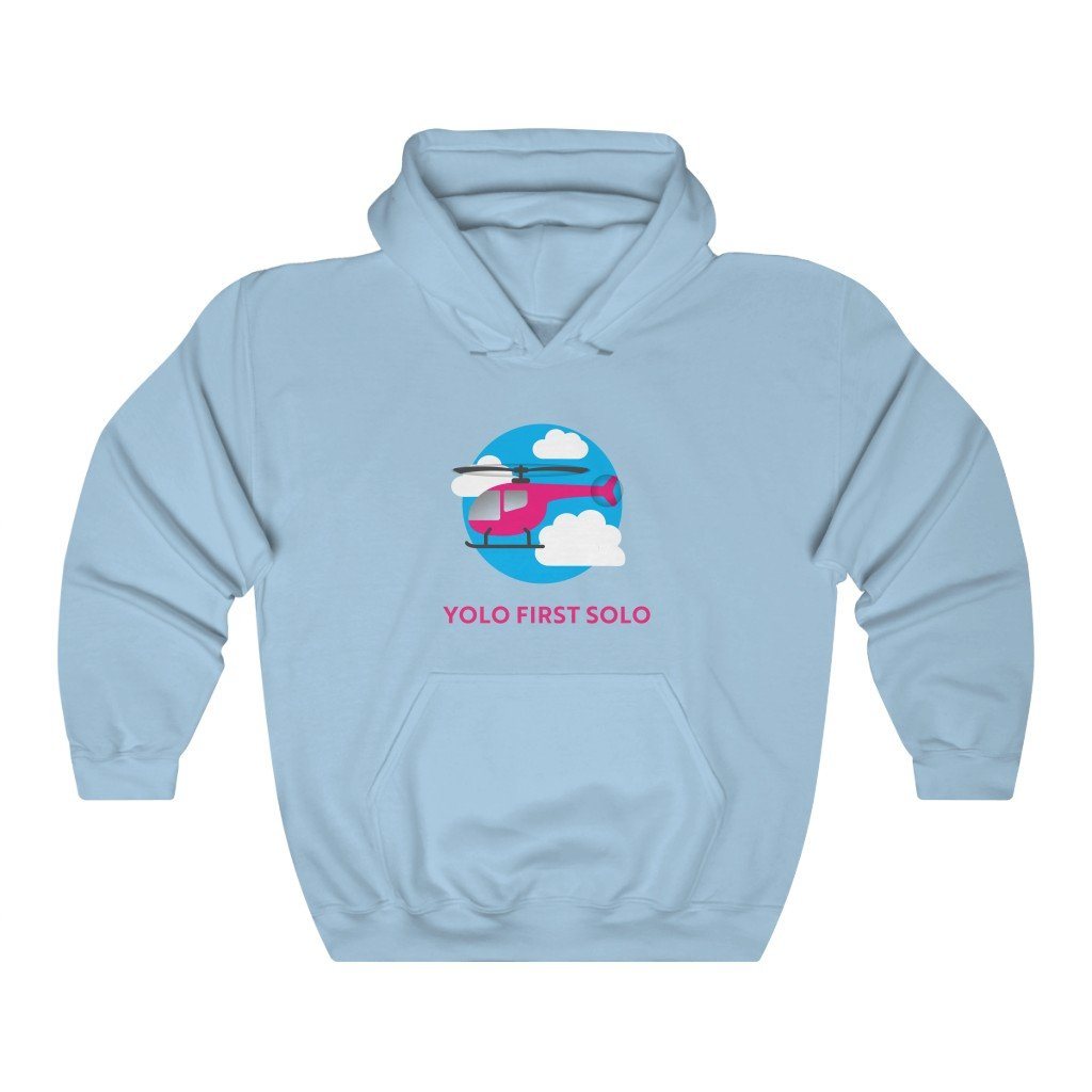 Yolo First Solo - Helicopter | Student Pilot Gift | 50/50 Unisex Hooded Sweatshirt Hoodie Light Blue S for women in aviation