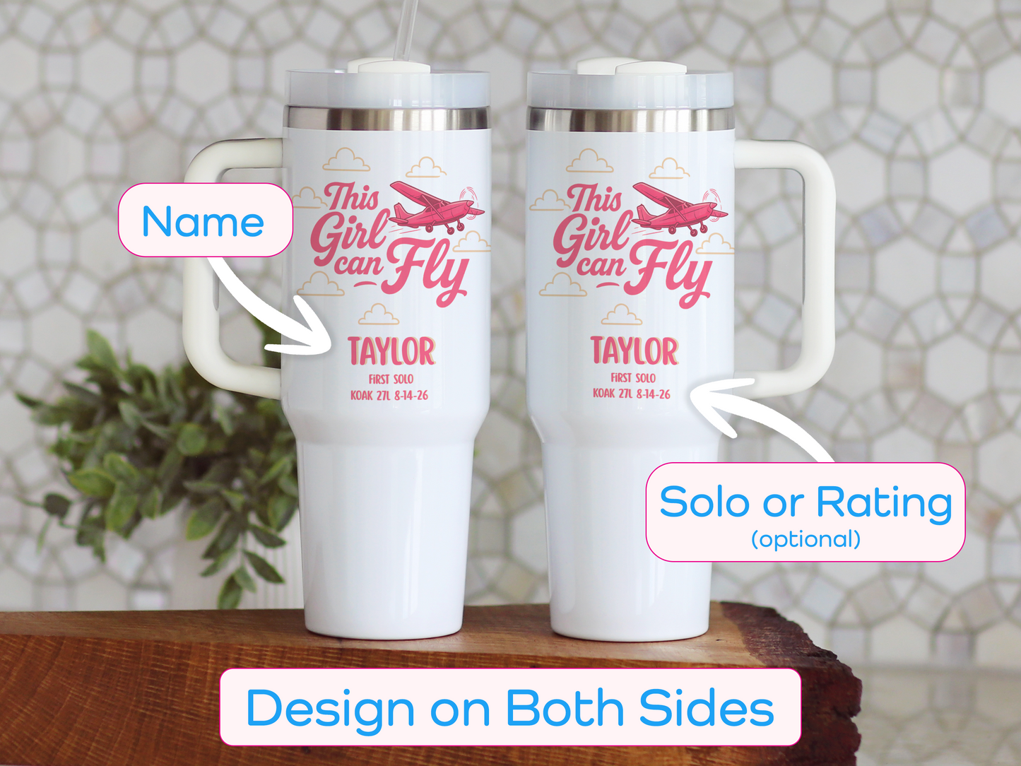 Two white handled tumblers with custom printed designs showing the front and back sides, displayed on a wooden surface with a tiled wall background. Text overlays indicate customizable fields such as 'Name' and 'Solo or Rating (optional)'.