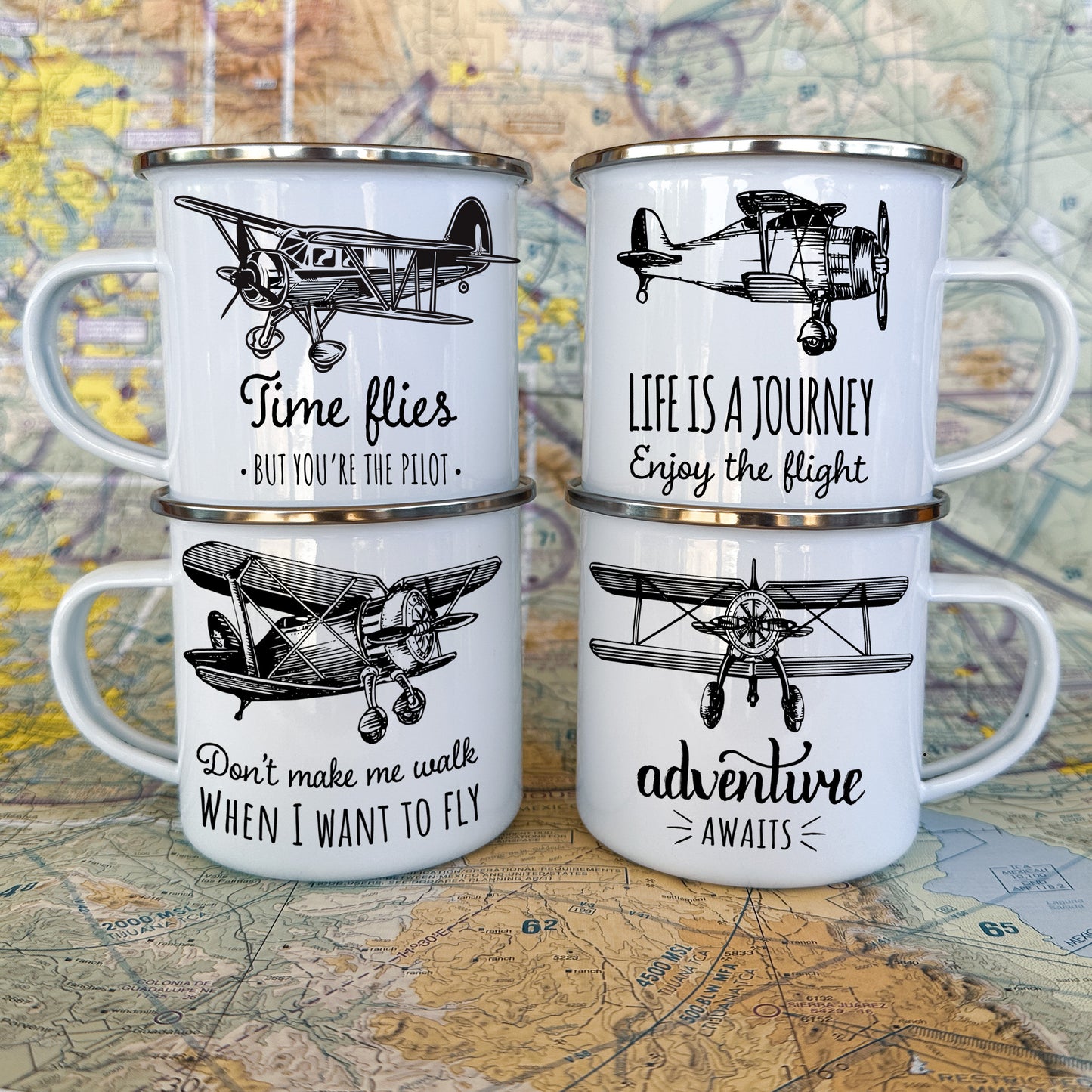 Vintage Plane Enamel Mugs - Set of Four