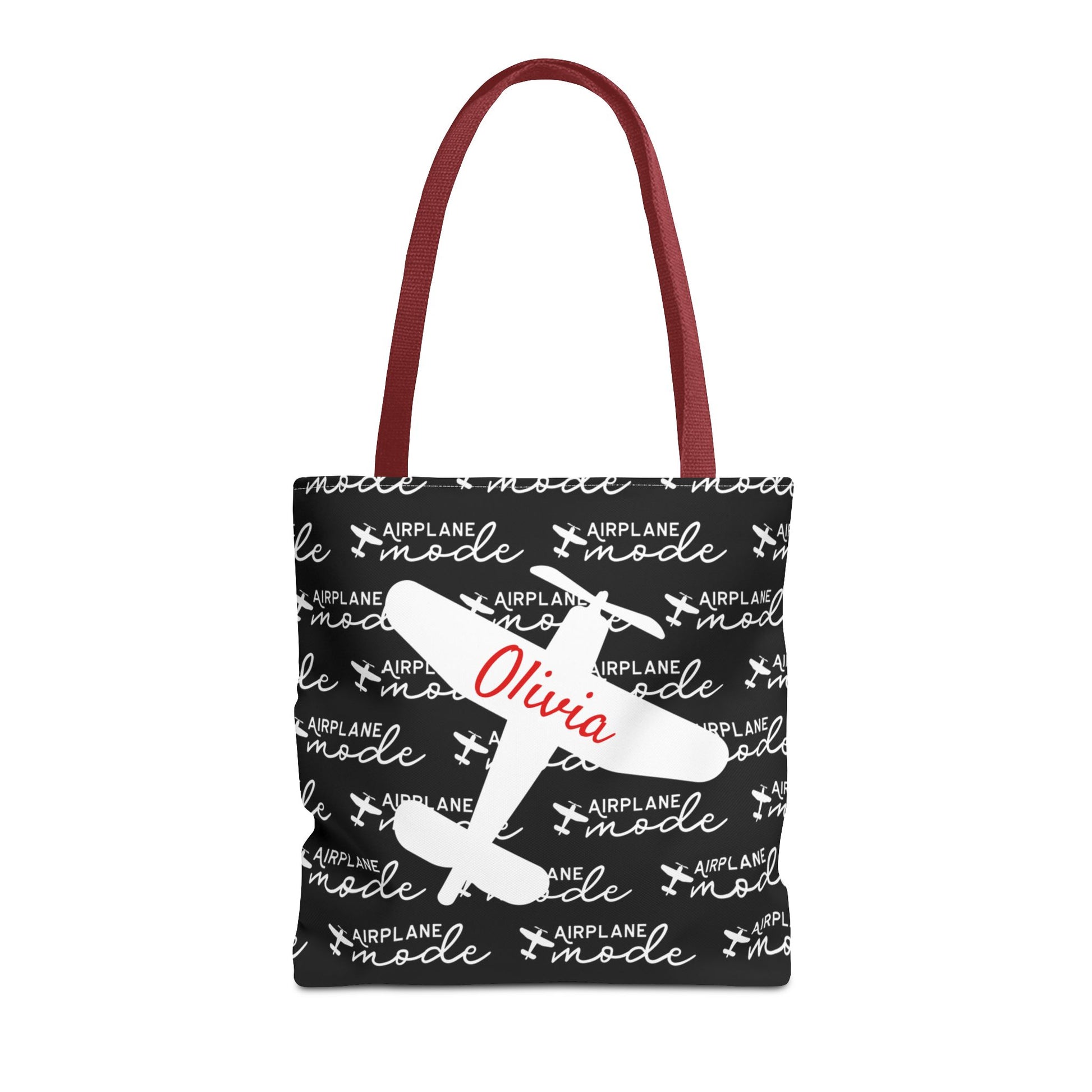 Tote bag with airplane mode pattern and 'Olivia' text on a white background