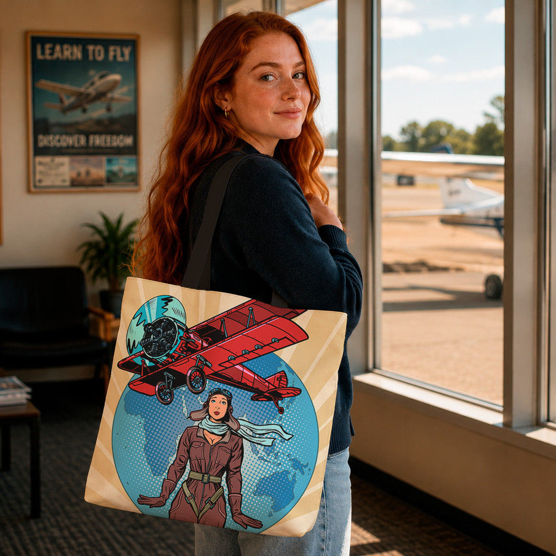 A woman with long red hair stands in an airport lounge holding a canvas tote bag printed with a retro comic-style illustration of a red biplane and a woman in a space suit on a blue circular background.