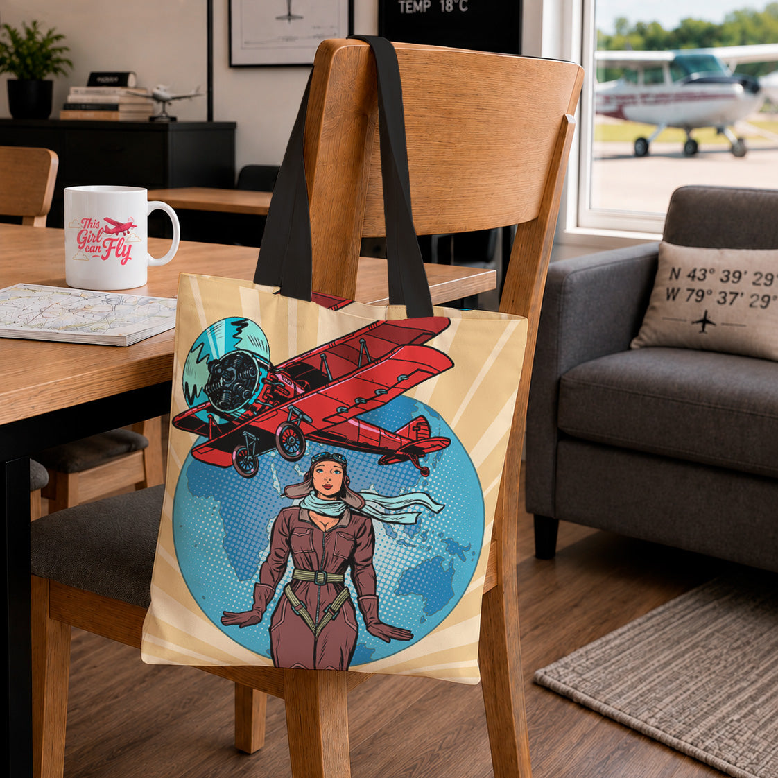 A canvas tote bag with black shoulder straps is hanging on a wooden chair in a living room setting. The bag features a retro pop-art graphic of a woman in a flight suit and a red vintage biplane on a blue globe background.