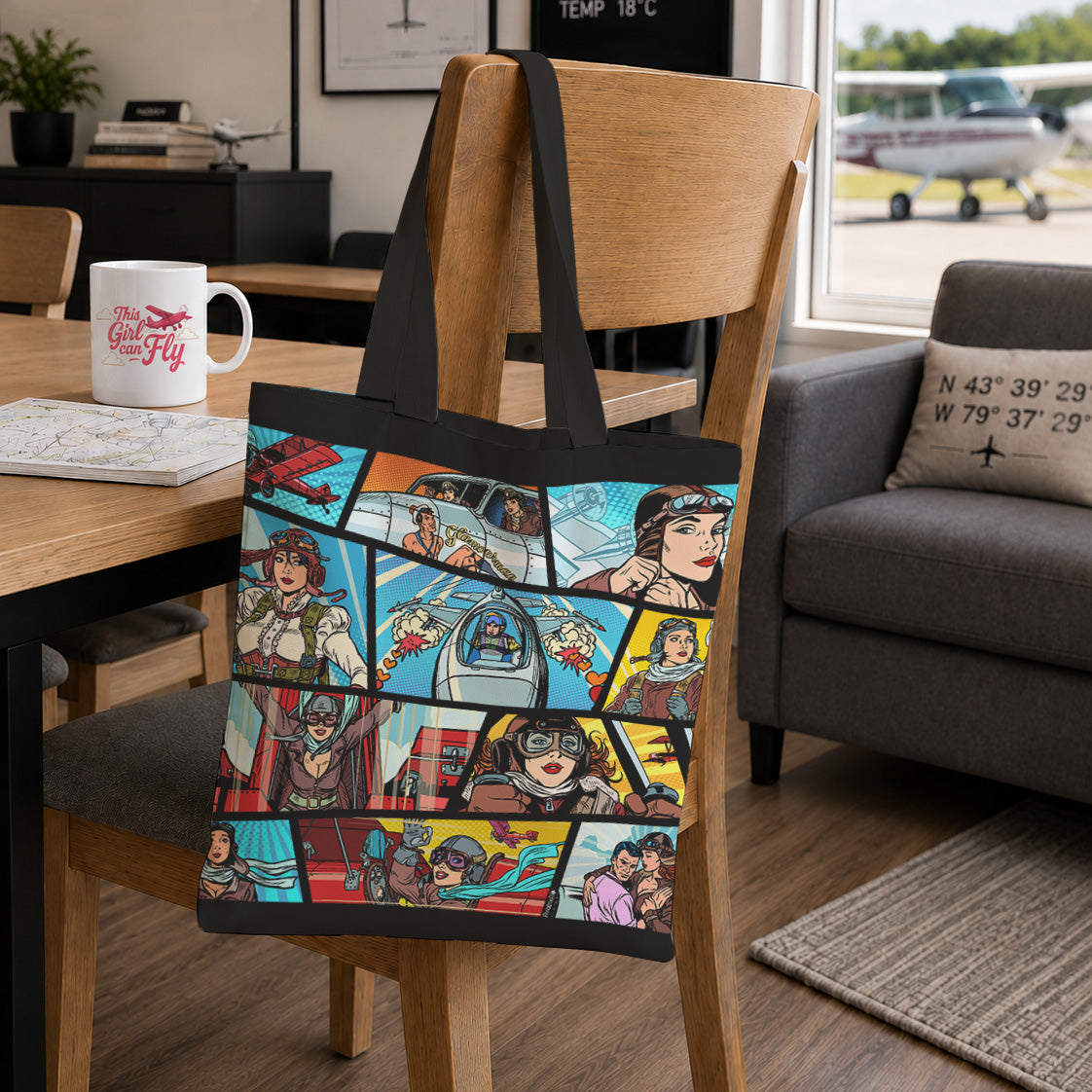 A canvas tote bag with a colorful comic-book style collage print hanging on a wooden chair in a modern living room setting.