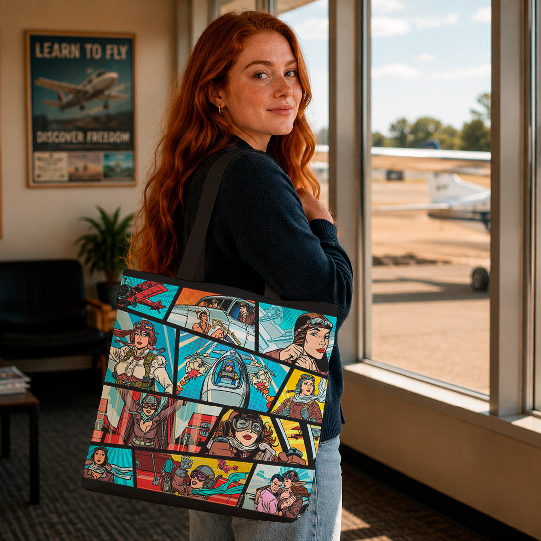 A woman with long red hair stands in an airport lounge holding a large tote bag printed with a colorful comic book-style collage of characters and scenes. Large windows behind her show small airplanes and an airfield outside.