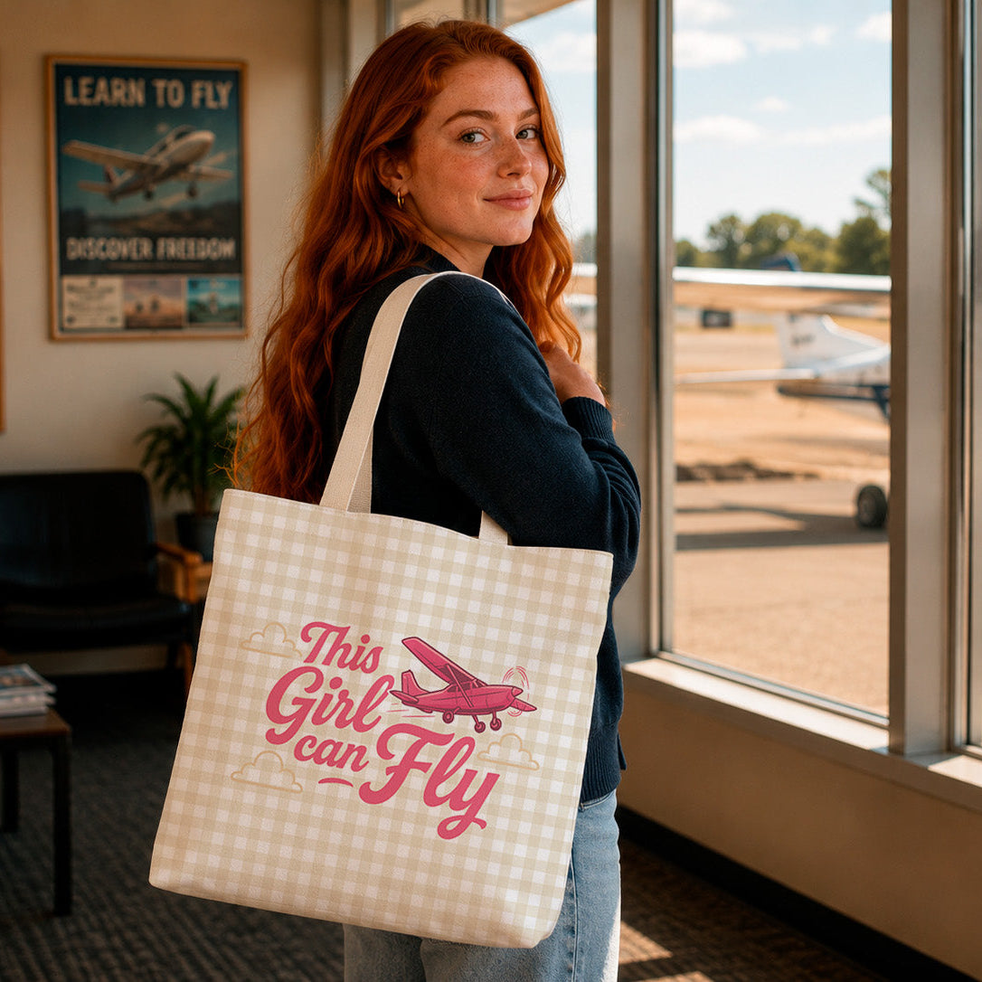 A woman with long red hair stands in an airport lounge holding a cream and white gingham tote bag with pink text reading 'This Girl Can Fly' and a pink airplane graphic. Large windows behind her show small aircraft outside.