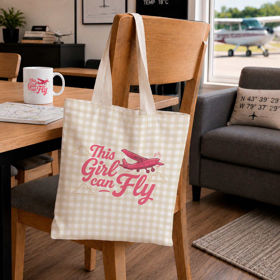 A cream and white gingham tote bag with pink text reading 'This Girl can Fly' and a pink airplane graphic, hanging on a wooden chair in a cozy living room setting.