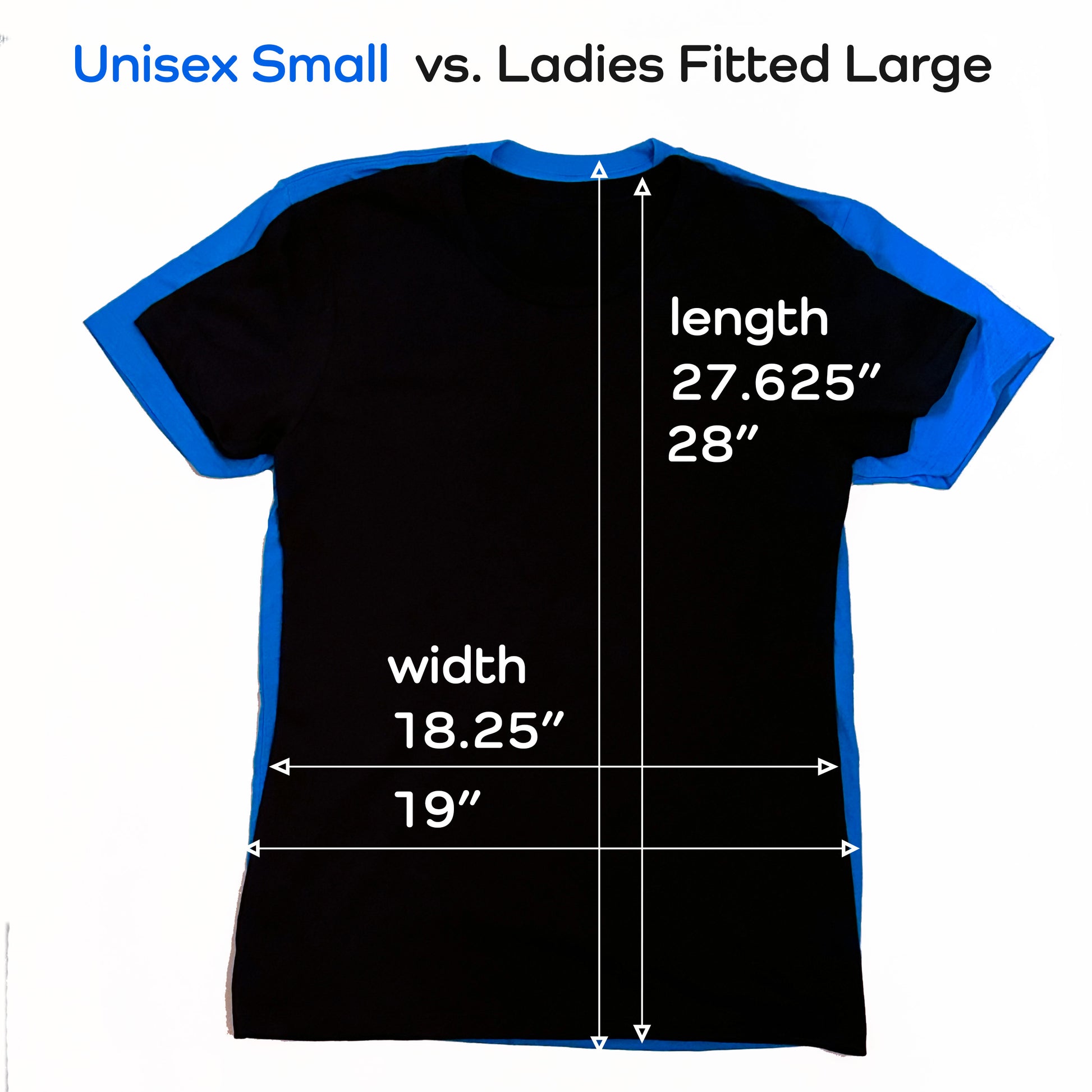 T-shirts showing size comparison by AviatrixA, with blue and black color blocking.