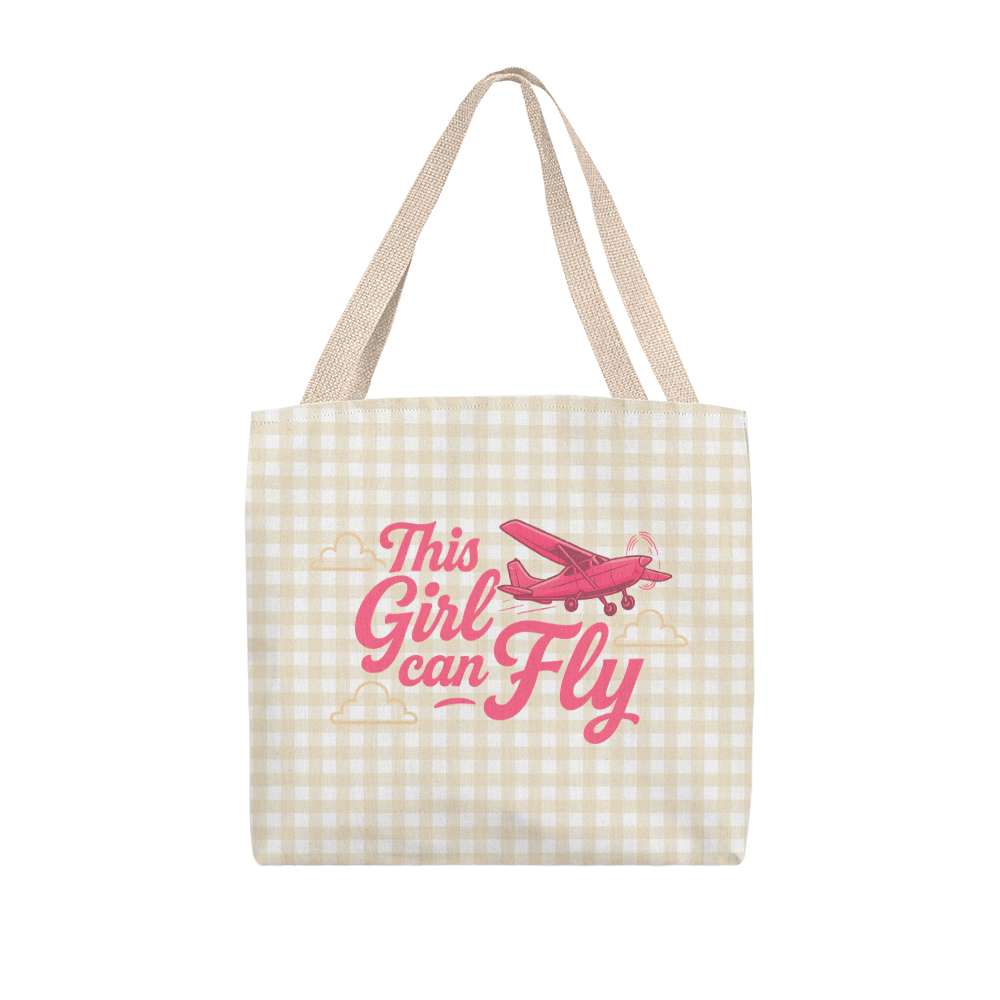 Khaki plaid tote bag with a salmon and tan This Girl Can Fly text designs and a small aircraft.