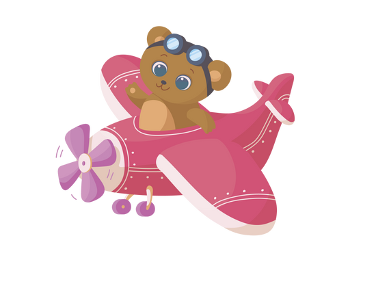 cartoon bear in a pink plane