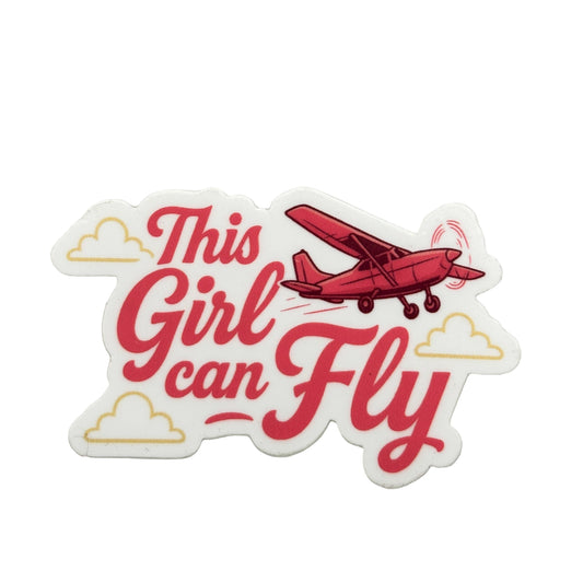Sticker with salmon C172 airplane and 'This Girl Can Fly' text on a white background