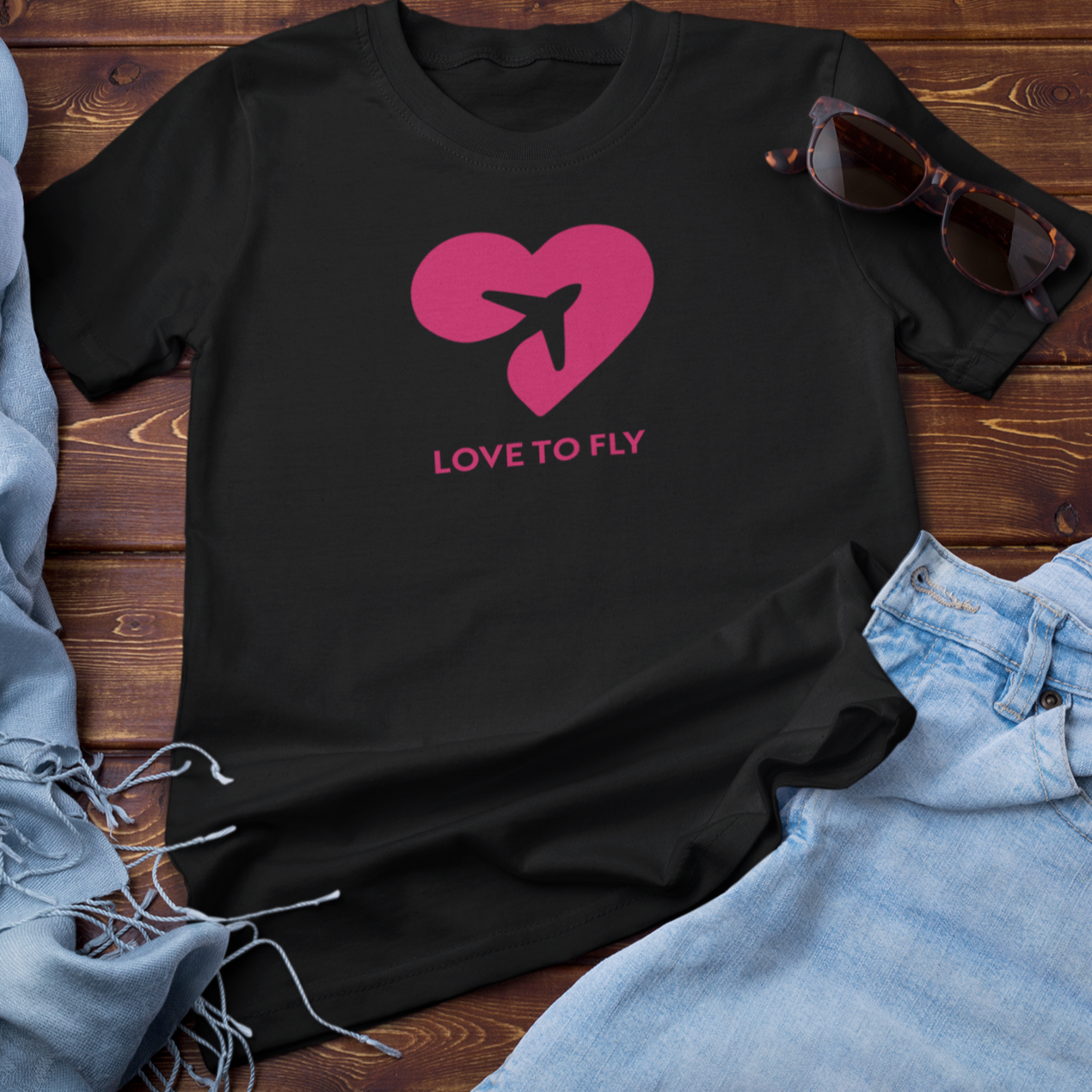 black t-shirt with heart and airplane, love to fly text