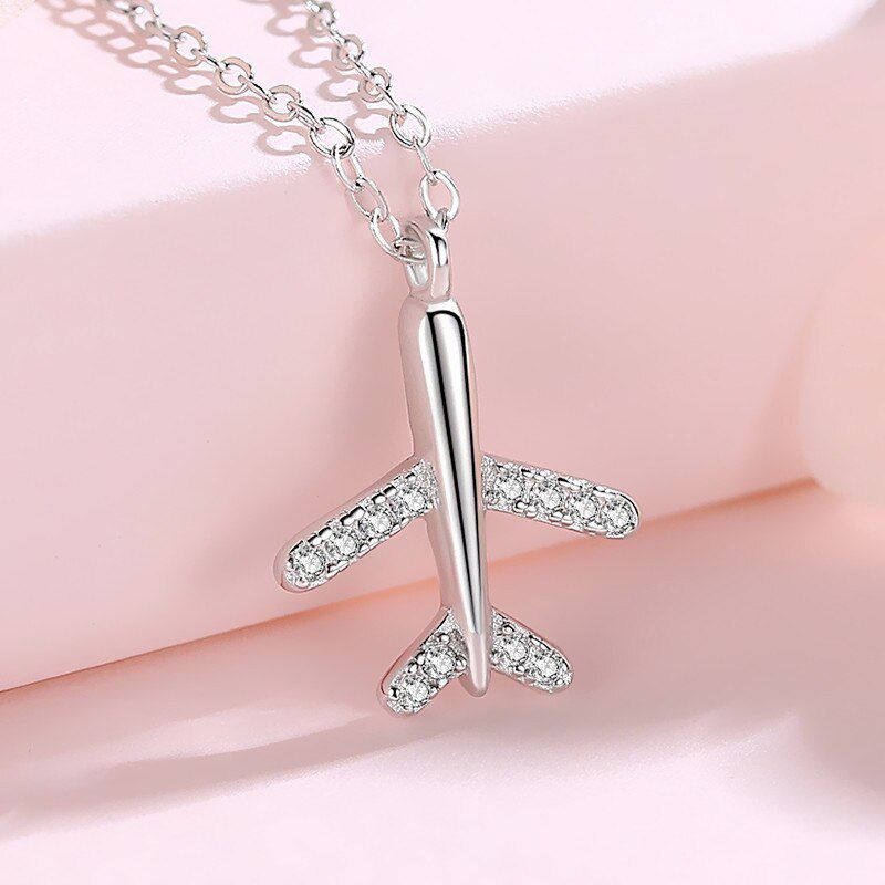 Airplane Pendant Necklace | Sterling Silver with CZs Necklace for women in aviation