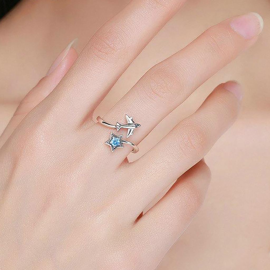 Airplane Shooting Star Ring | Sterling Silver w/ Blue CZ Ring for women in aviation