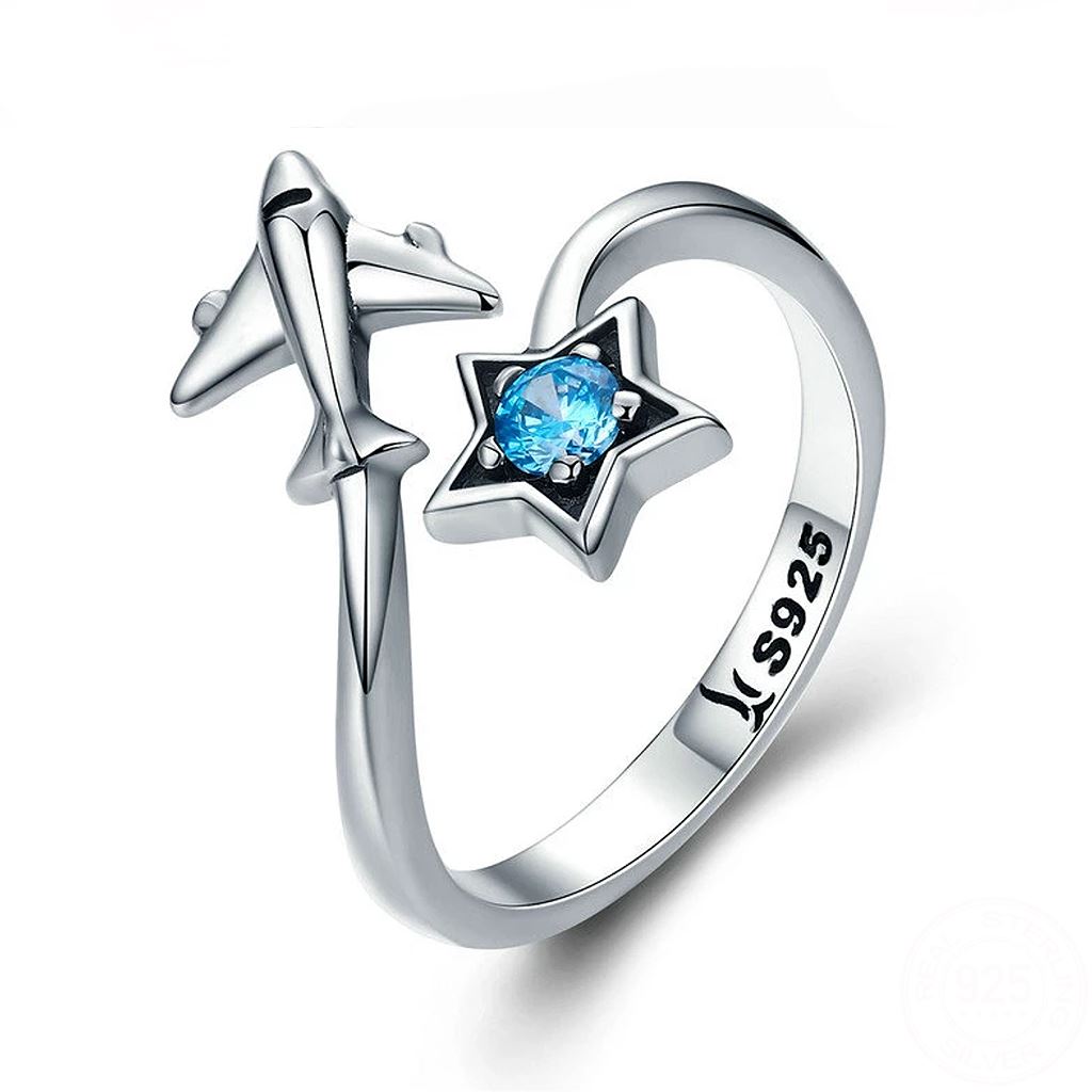 Airplane Shooting Star Ring | Sterling Silver w/ Blue CZ Ring for women in aviation