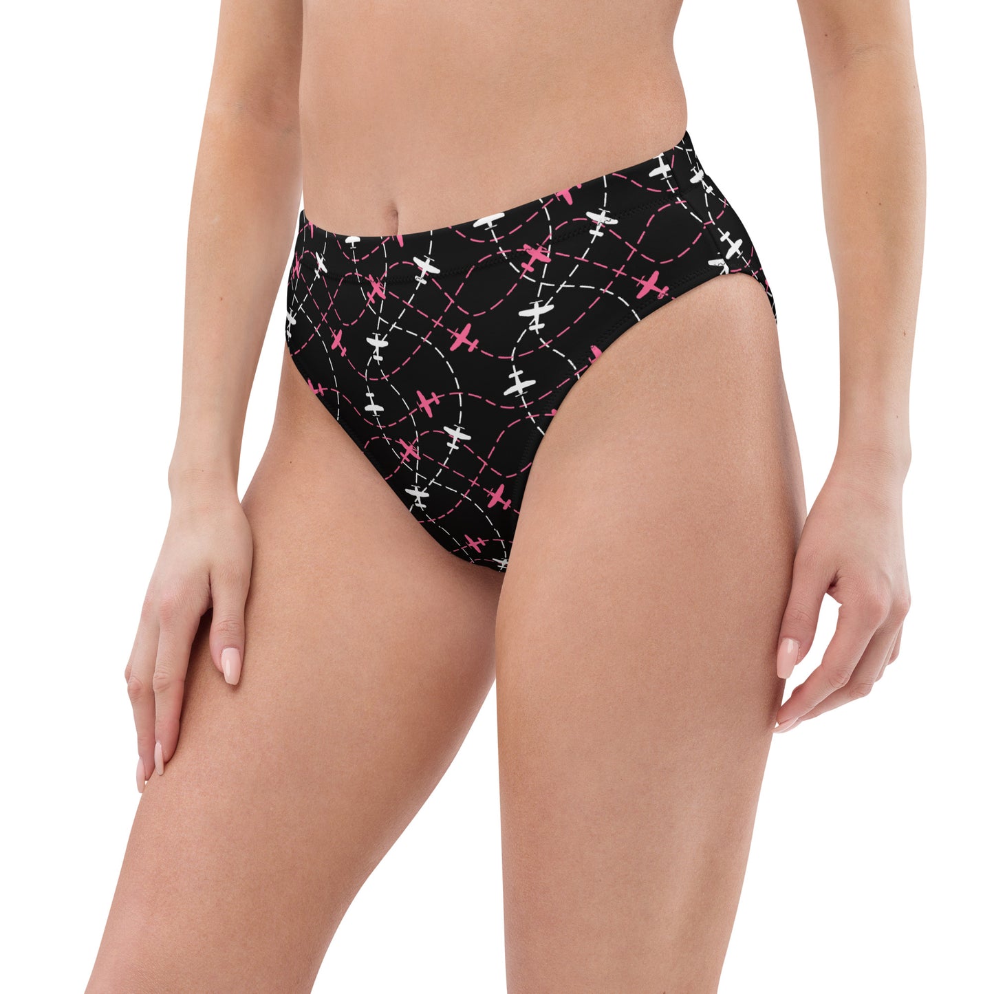 Aviation Print Black High-Waisted Bikini Bottom