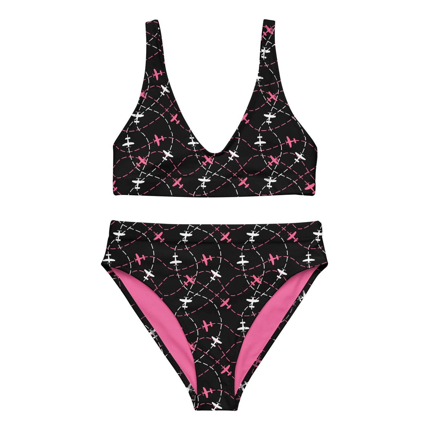 Airplane Print Black High-Waisted Bikini