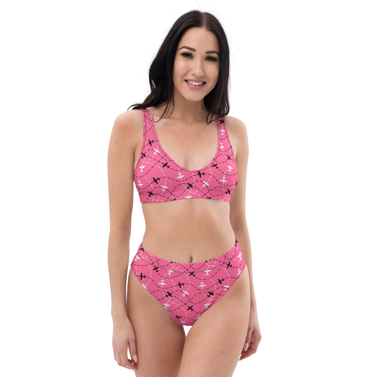 Airplane Print Pink High-Waisted Bikini