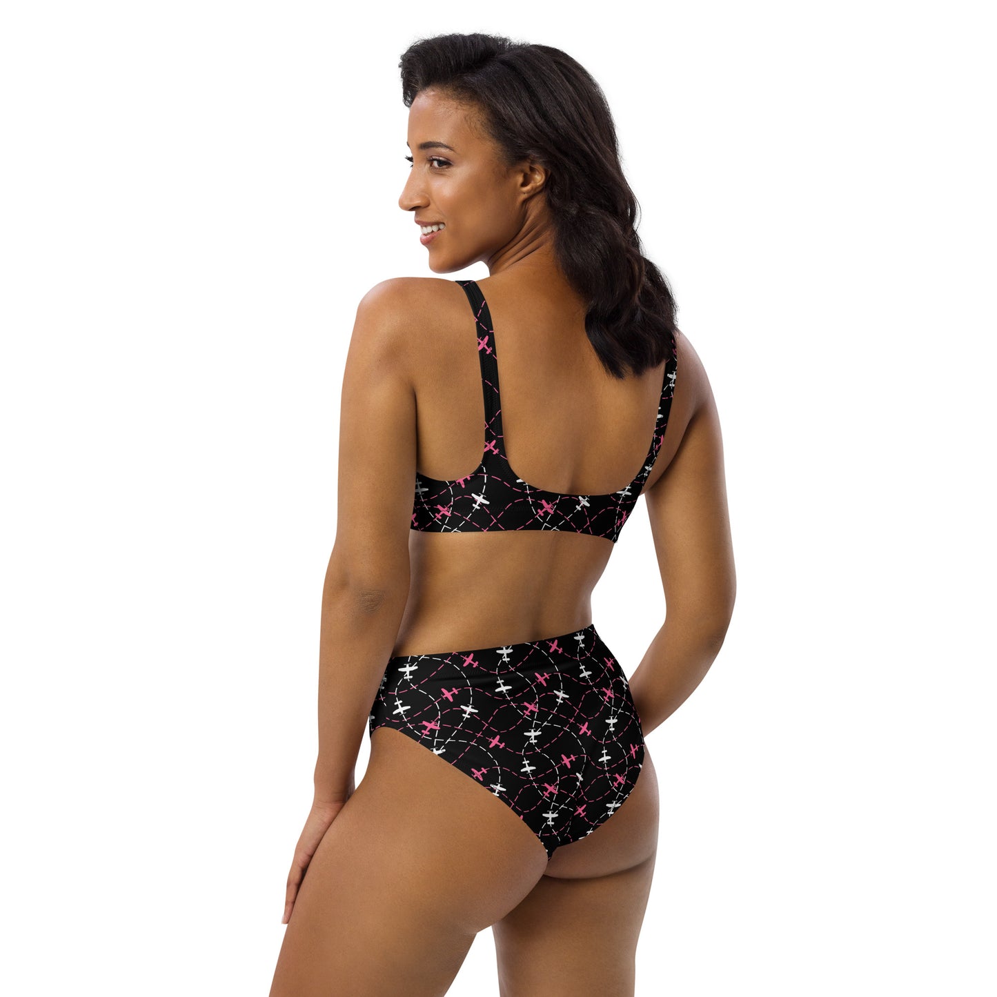 Airplane Print Black High-Waisted Bikini