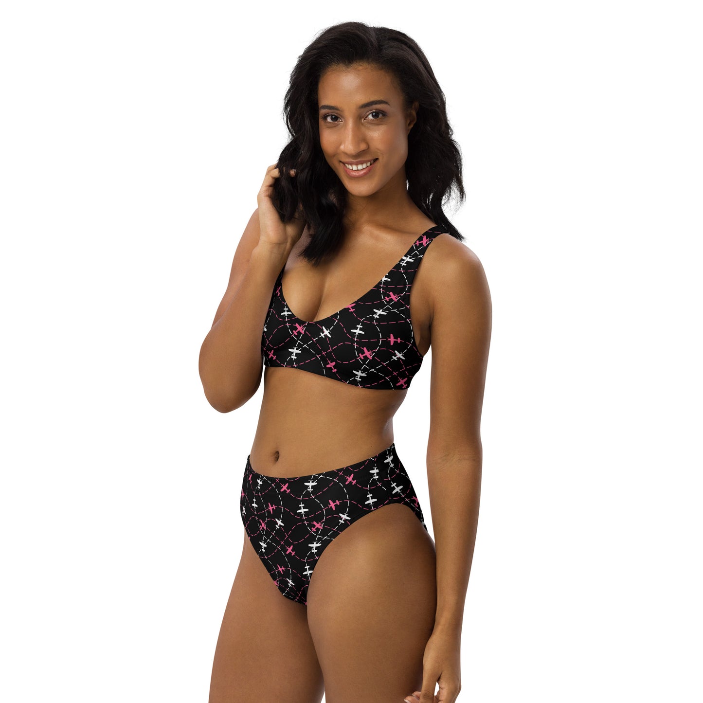 Airplane Print Black High-Waisted Bikini