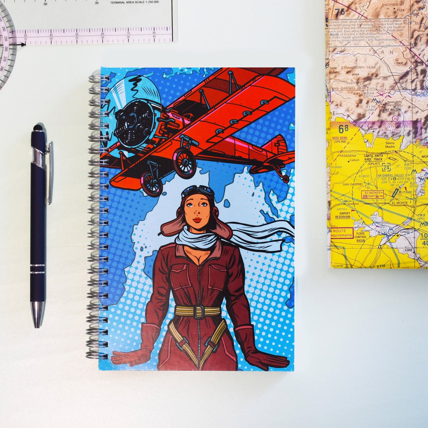 Imagine Flying the World Spiral Notebook - Female Pilot - Pop Art