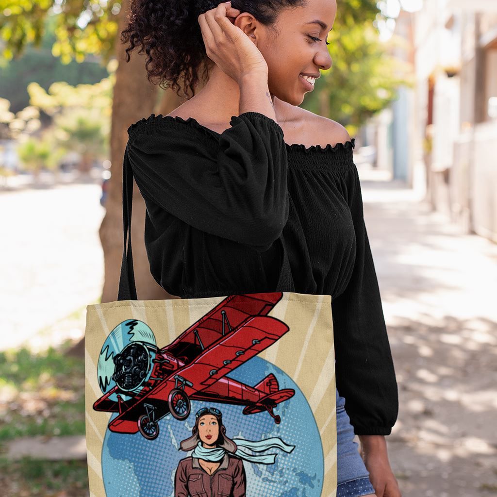 Imagine Flying the World | Pop Art Aviatrix | Tote Bag Bags for women in aviation