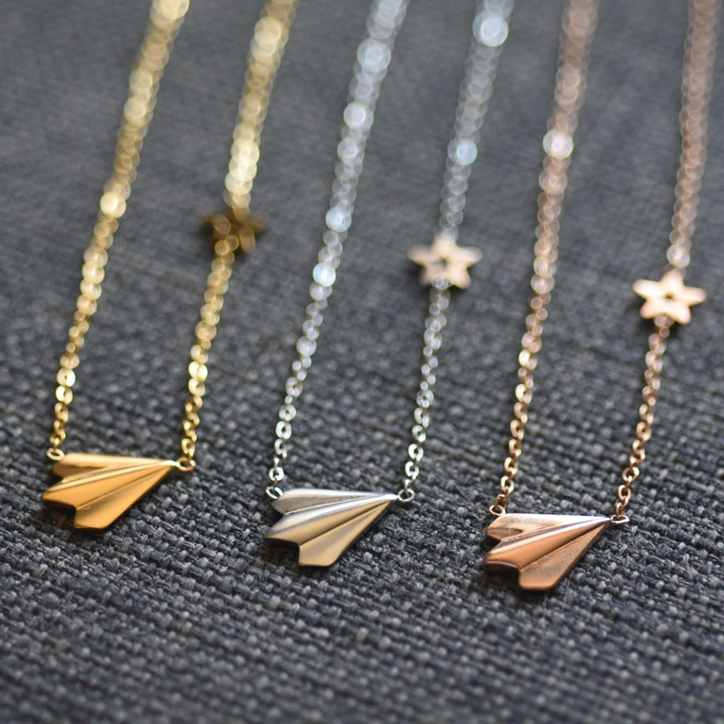 Women's Paper Airplane Necklace with Meteorite