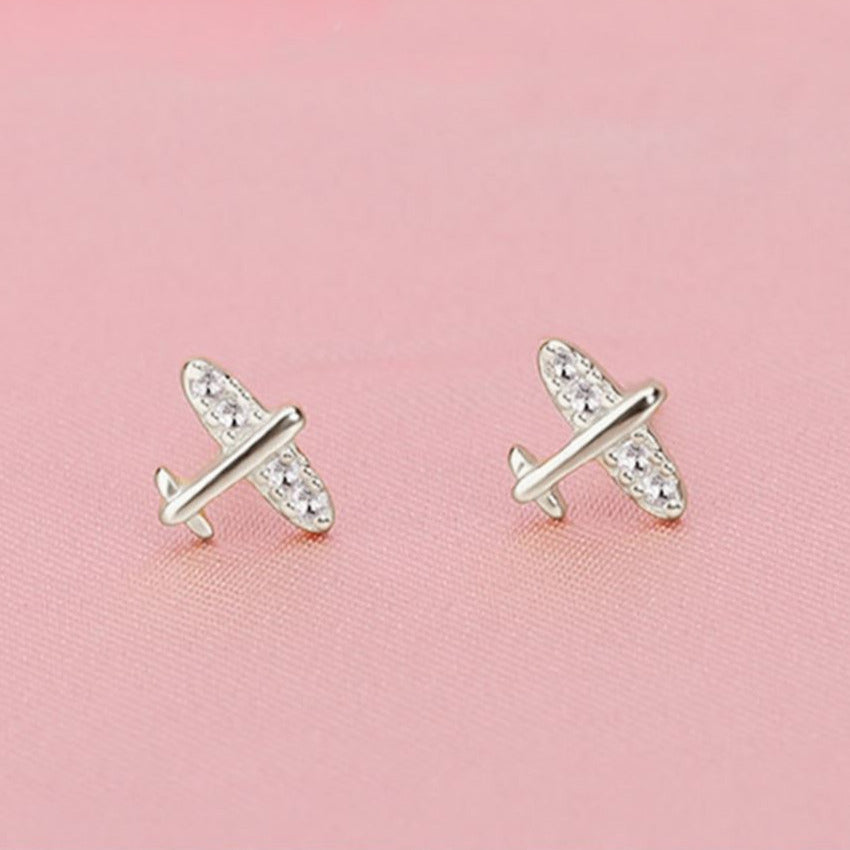 Tiny Airplane Stud Earrings | Gold or Silver with CZs Earrings for women in aviation