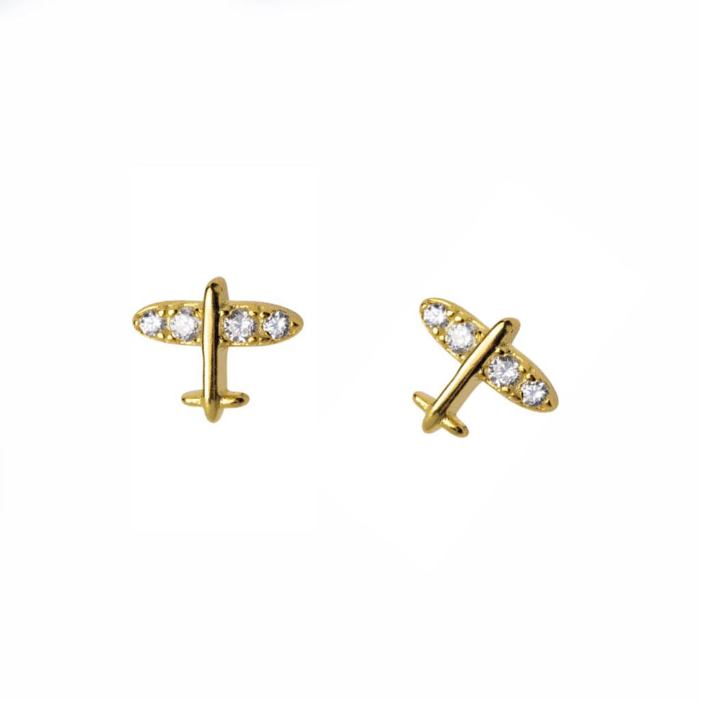 Tiny Airplane Stud Earrings | Gold or Silver with CZs Earrings Gold for women in aviation
