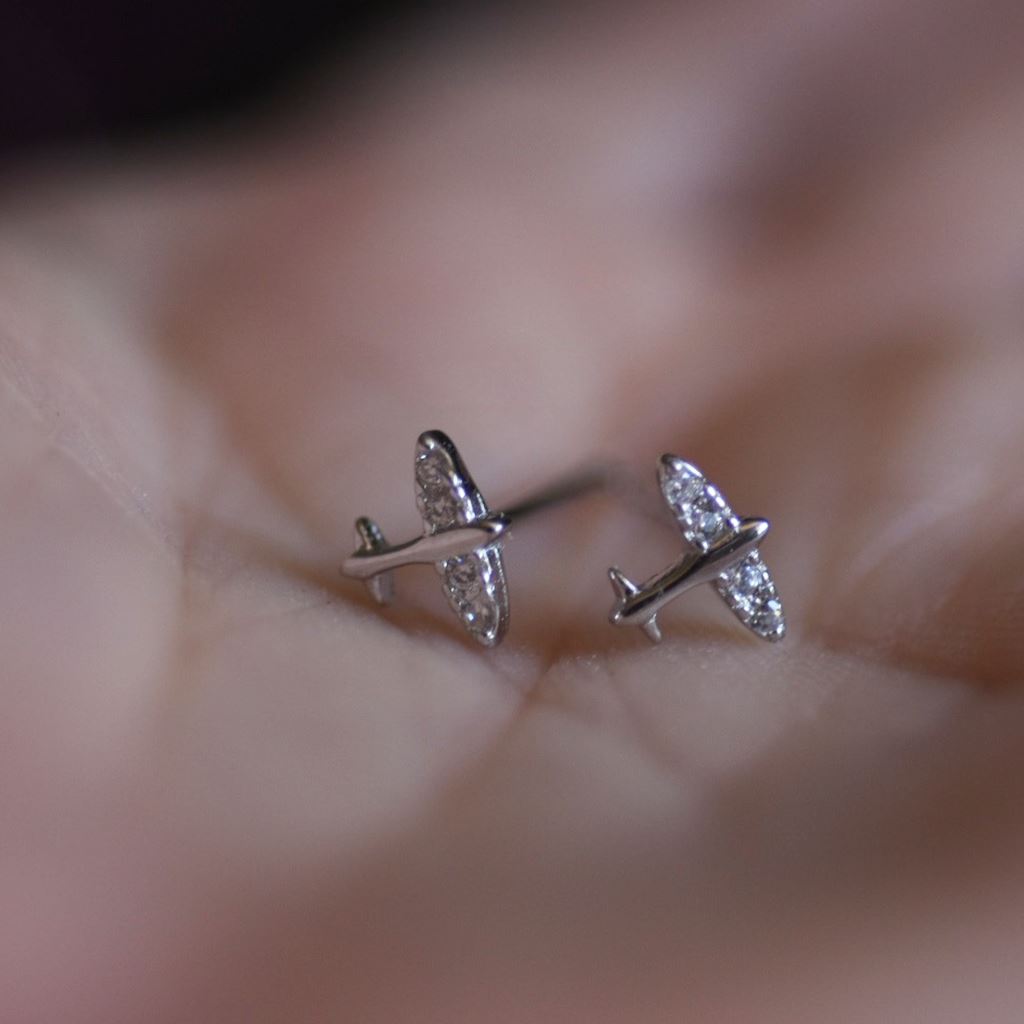 Tiny Airplane Stud Earrings | Gold or Silver with CZs Earrings Silver for women in aviation